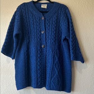 Irish Wool Cable Knit Blue Cardigan Sweater